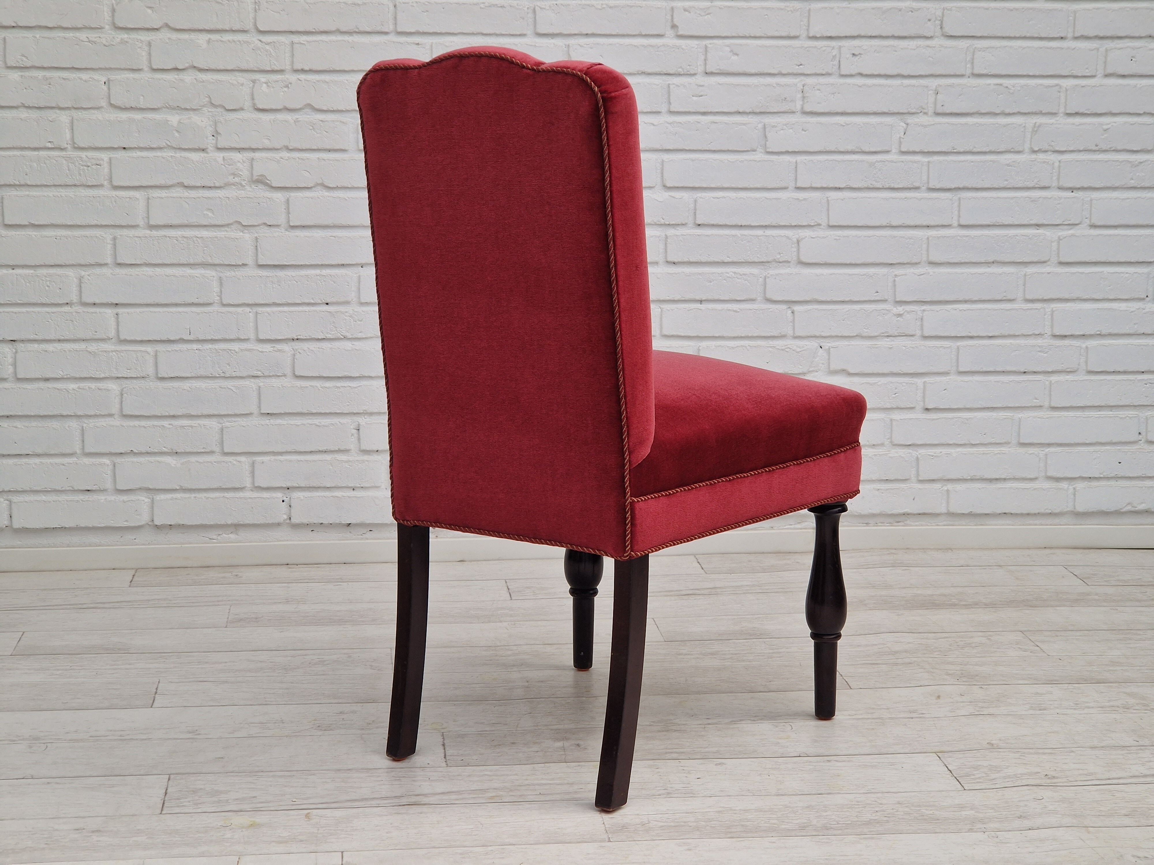 Set of 4 dinning chairs, oak wood, cherry-red velour, 1950s, danish design