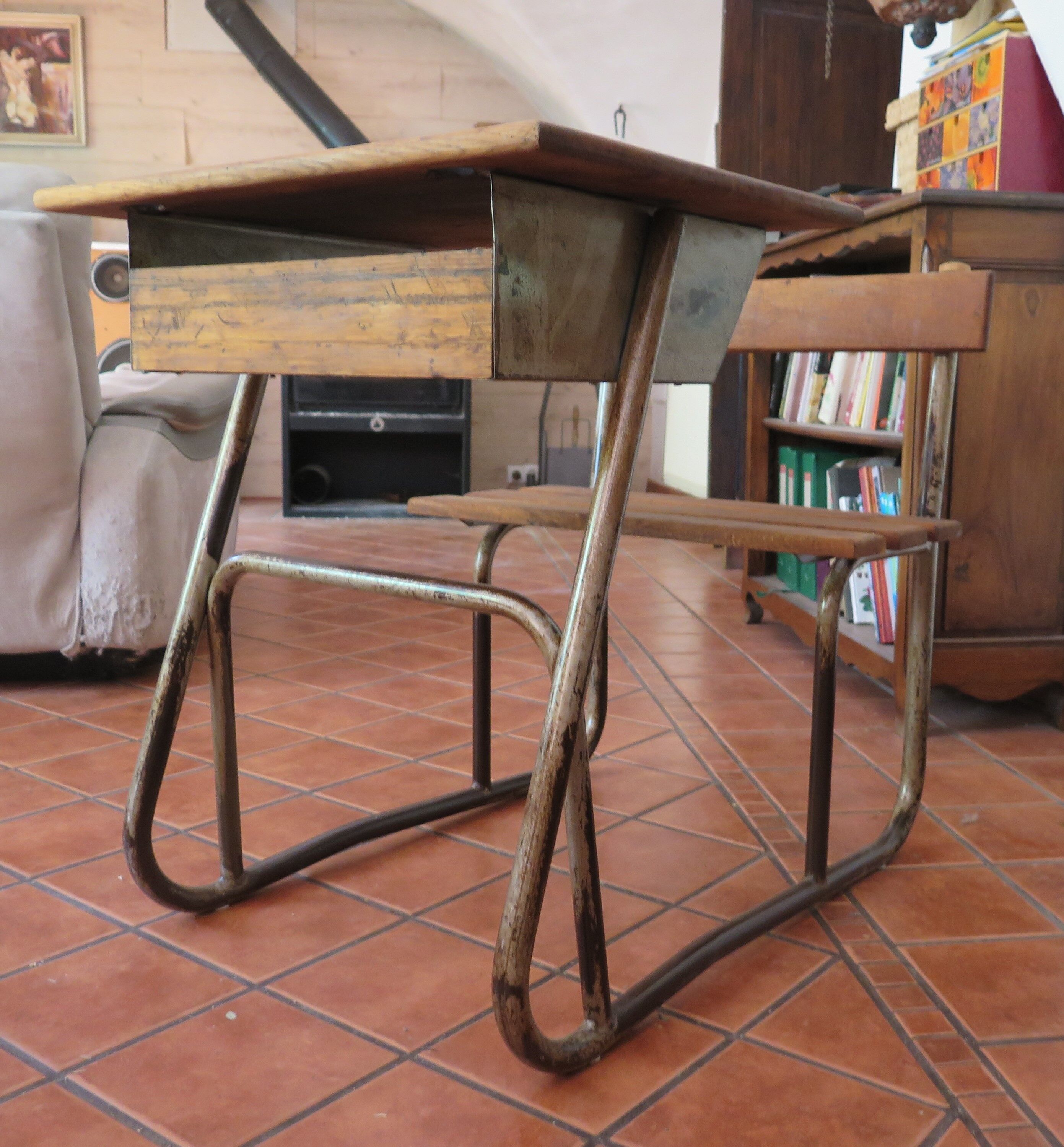 Industrial style oak and metal school desk