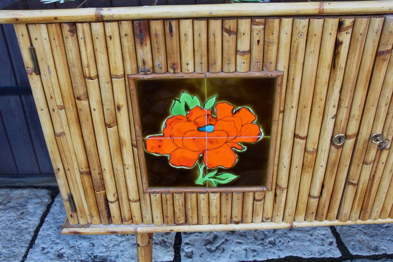 Vintage bamboo and rattan sideboard in the style of Audoux Minet.