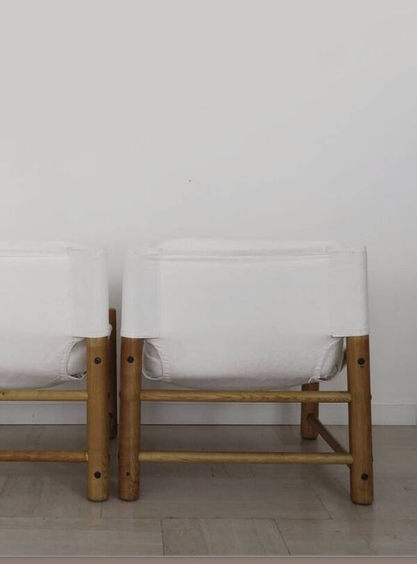 Fauteuil chauffeuse moderniste en bois et toile, Italie 1970