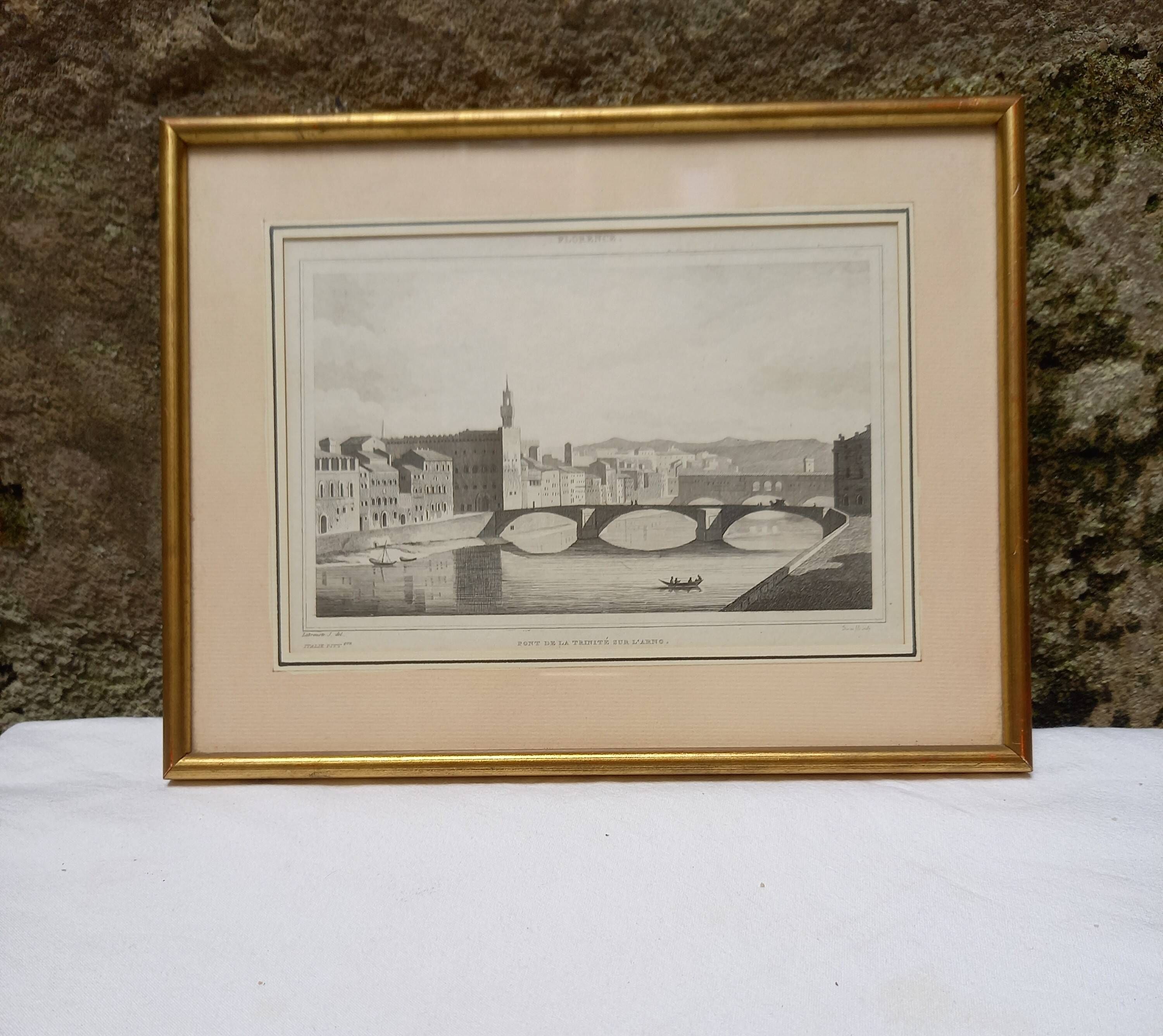 Antique engraving, Italy, Florence, Ponte della Trinità over the Arno