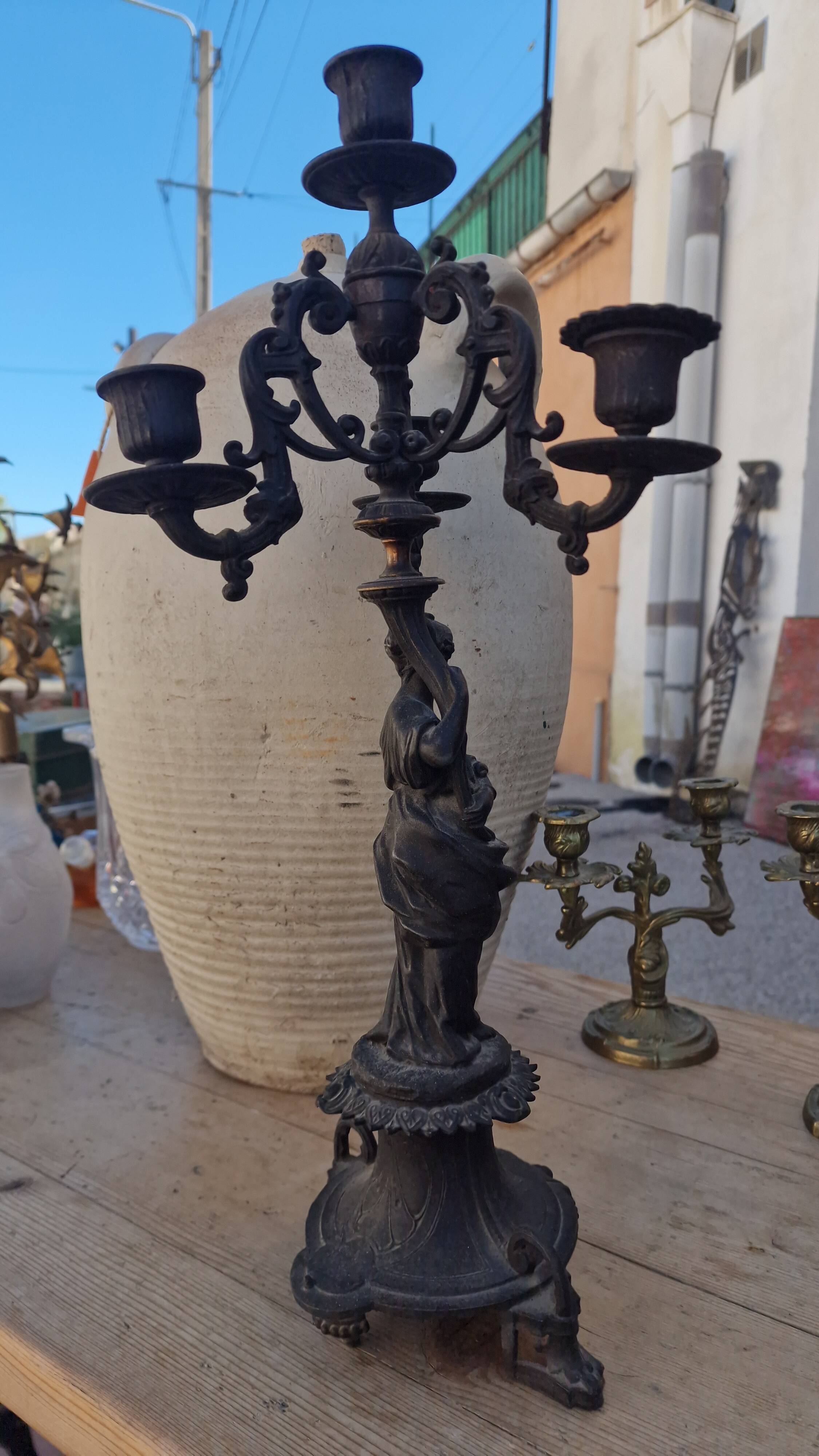 Large antique candelabra in black patinated babbitt – 19th century