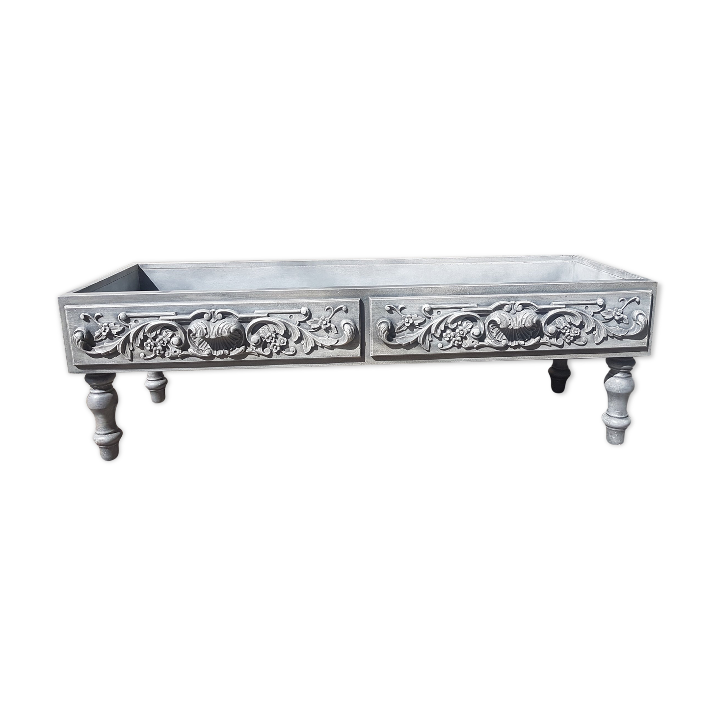 Large baroque style interior planter in gray patinated wood