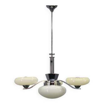 1930s Czech Art Deco chrome chandelier with cream opaline glass shades