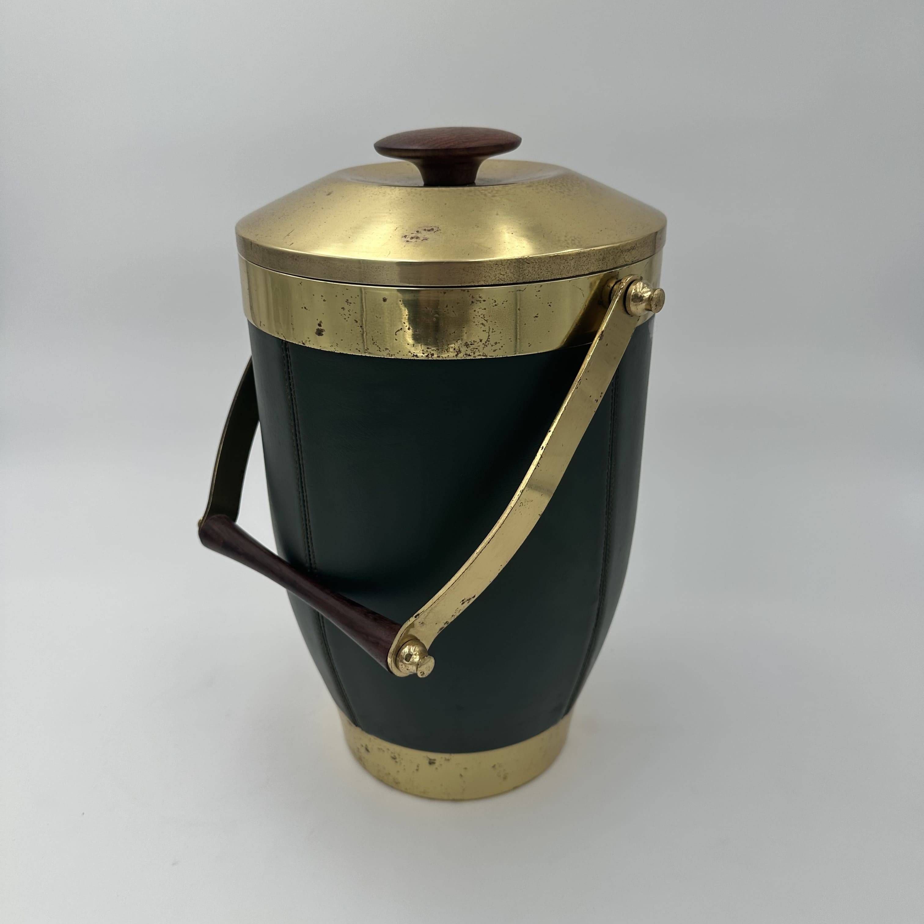 Green Leather and Brass Curved Handle Ice Bucket. Italian Work. V