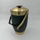 Green Leather and Brass Curved Handle Ice Bucket. Italian Work. V