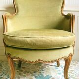 Carved wood & velvet shepherdess armchair