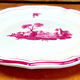 6 old flat table plates, Gien earthenware, pink landscape model.