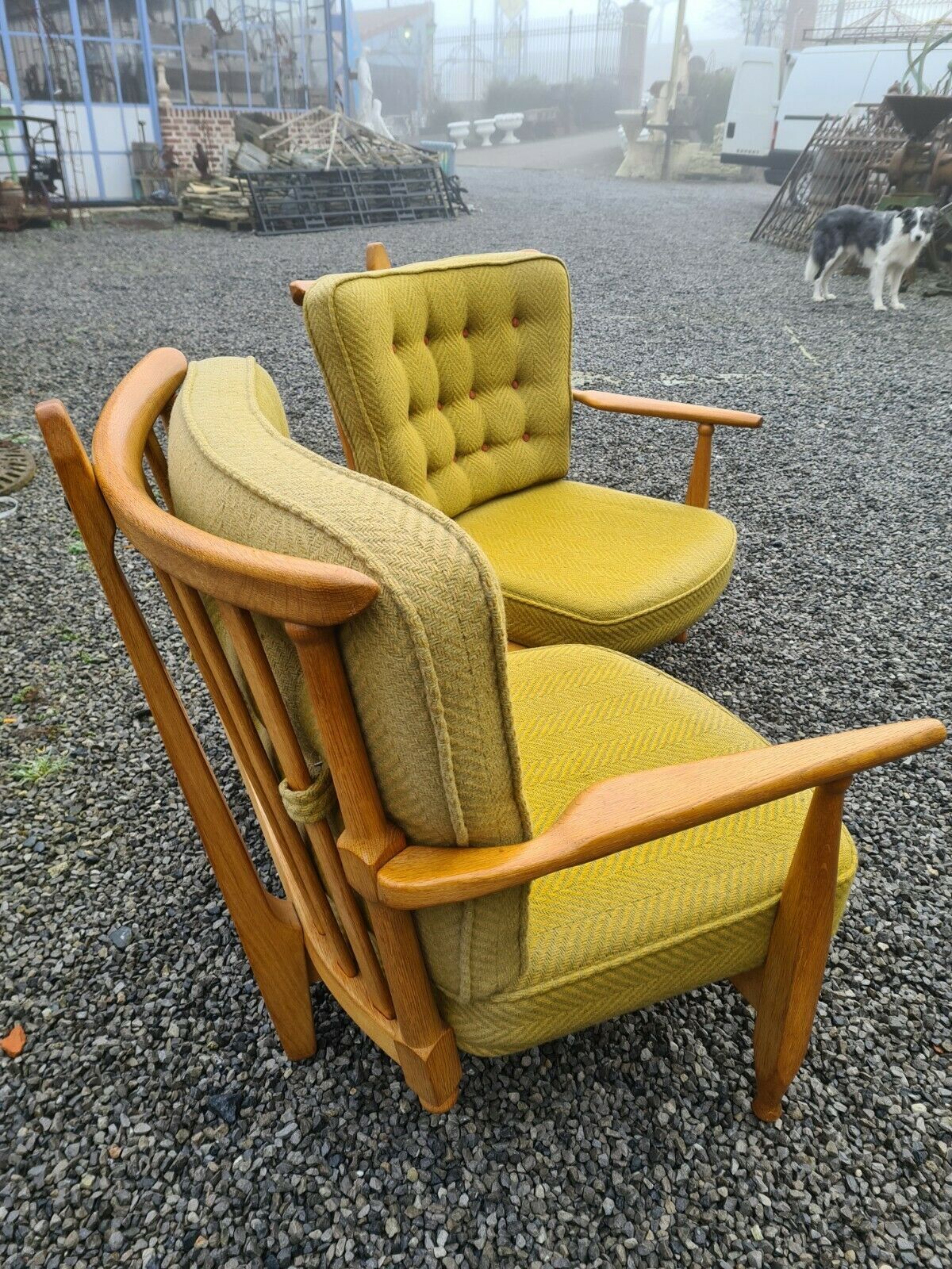Vintage oak fan bench by Guillerme and Chambron