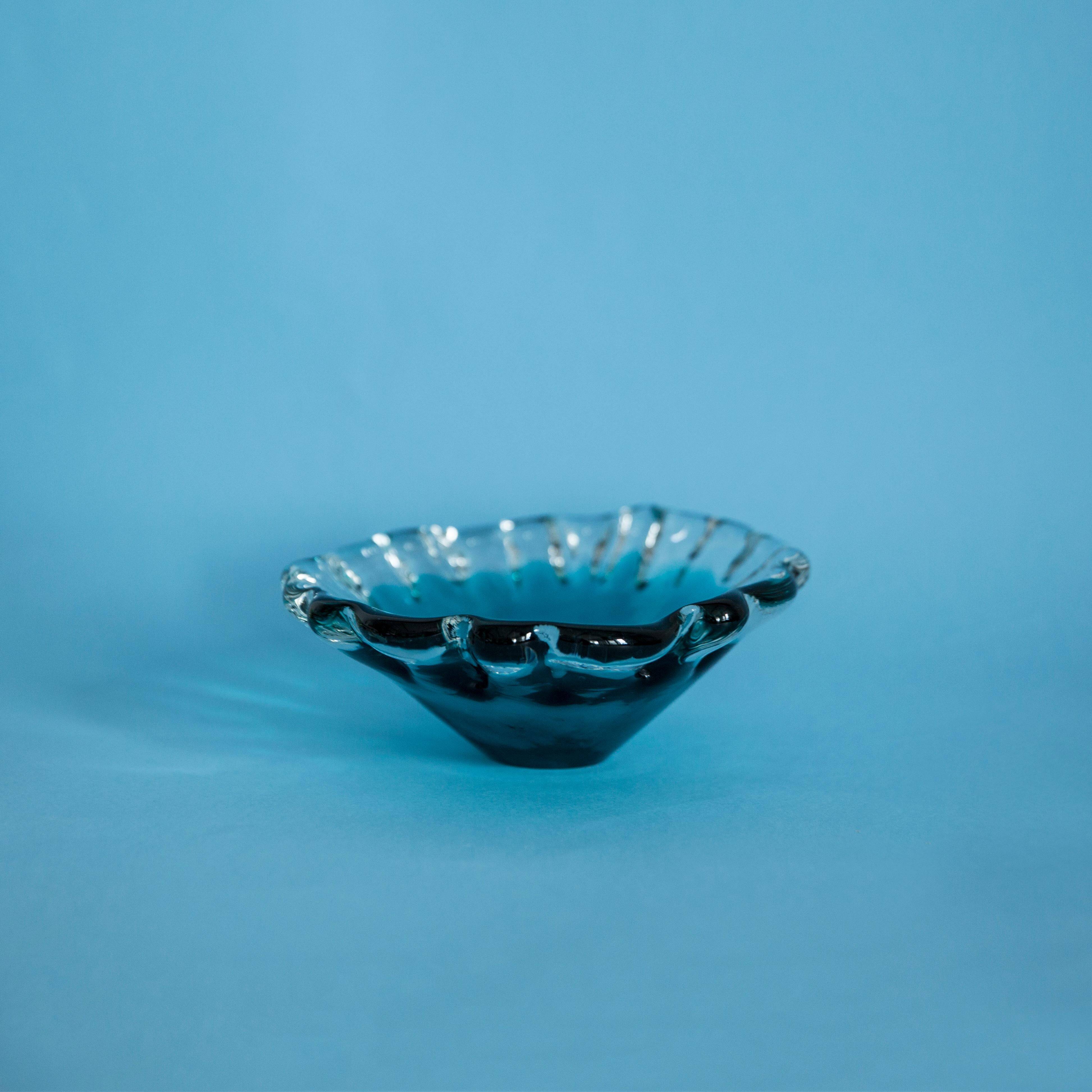 Blue aqua crystal glass bowl, mid-century, Italy, 1970s.