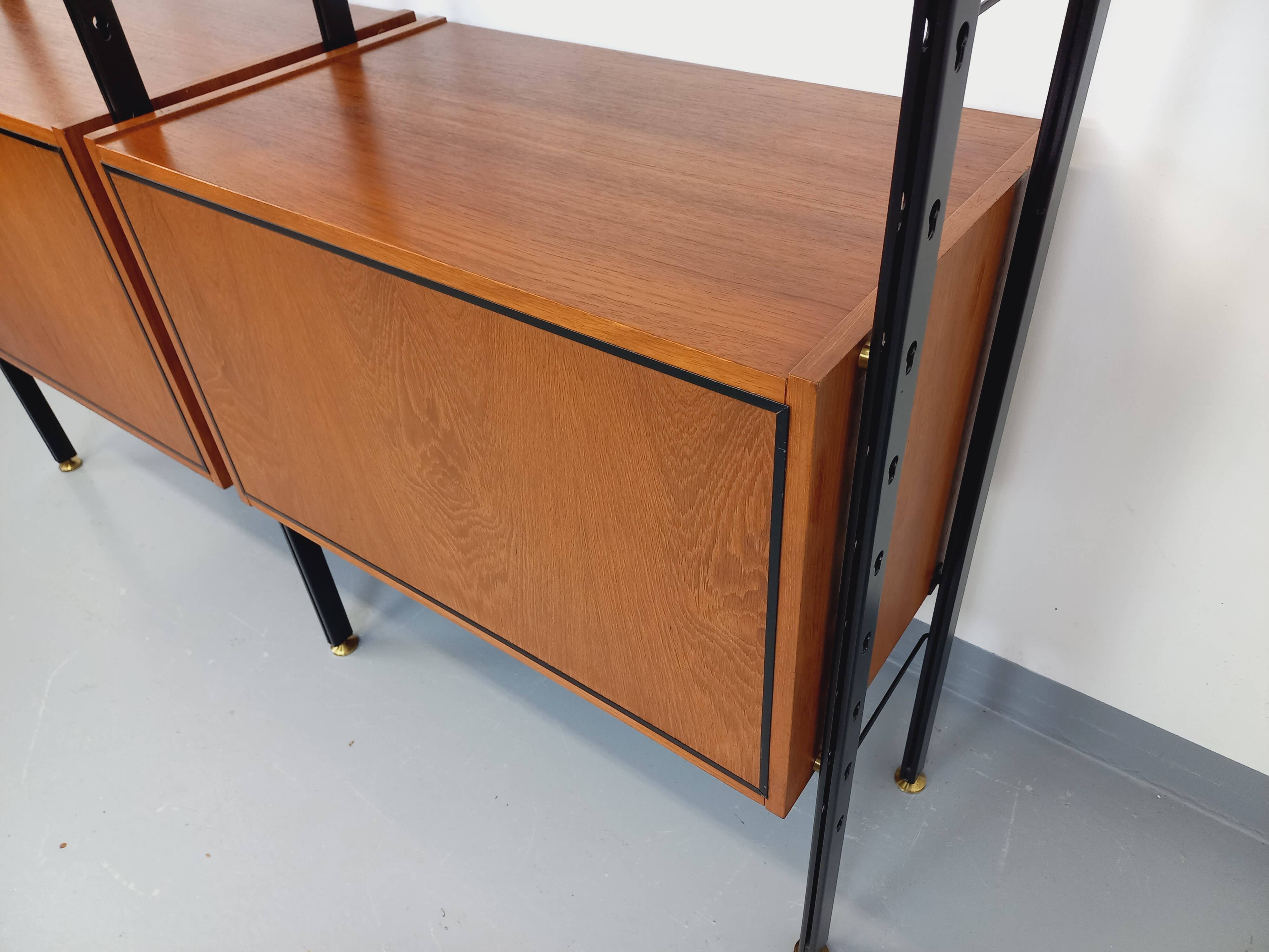 Vintage Italian double modular shelf bookcase in teak and metal