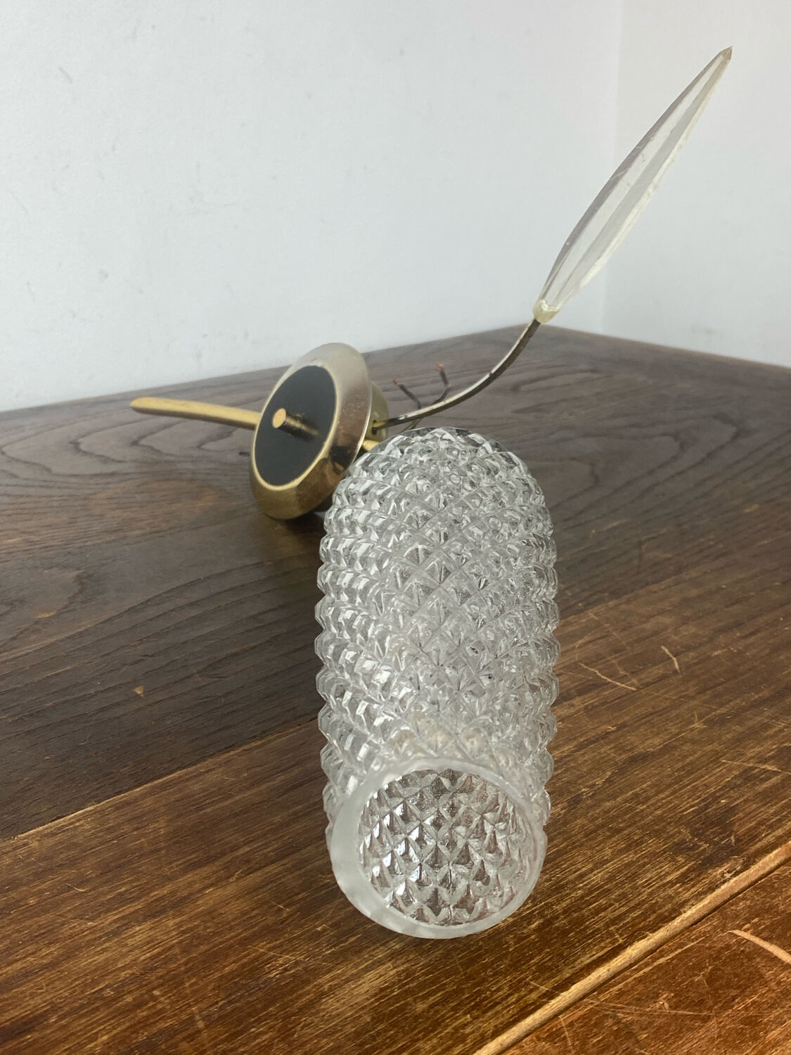 Pair of retro wall lights, brass and glass