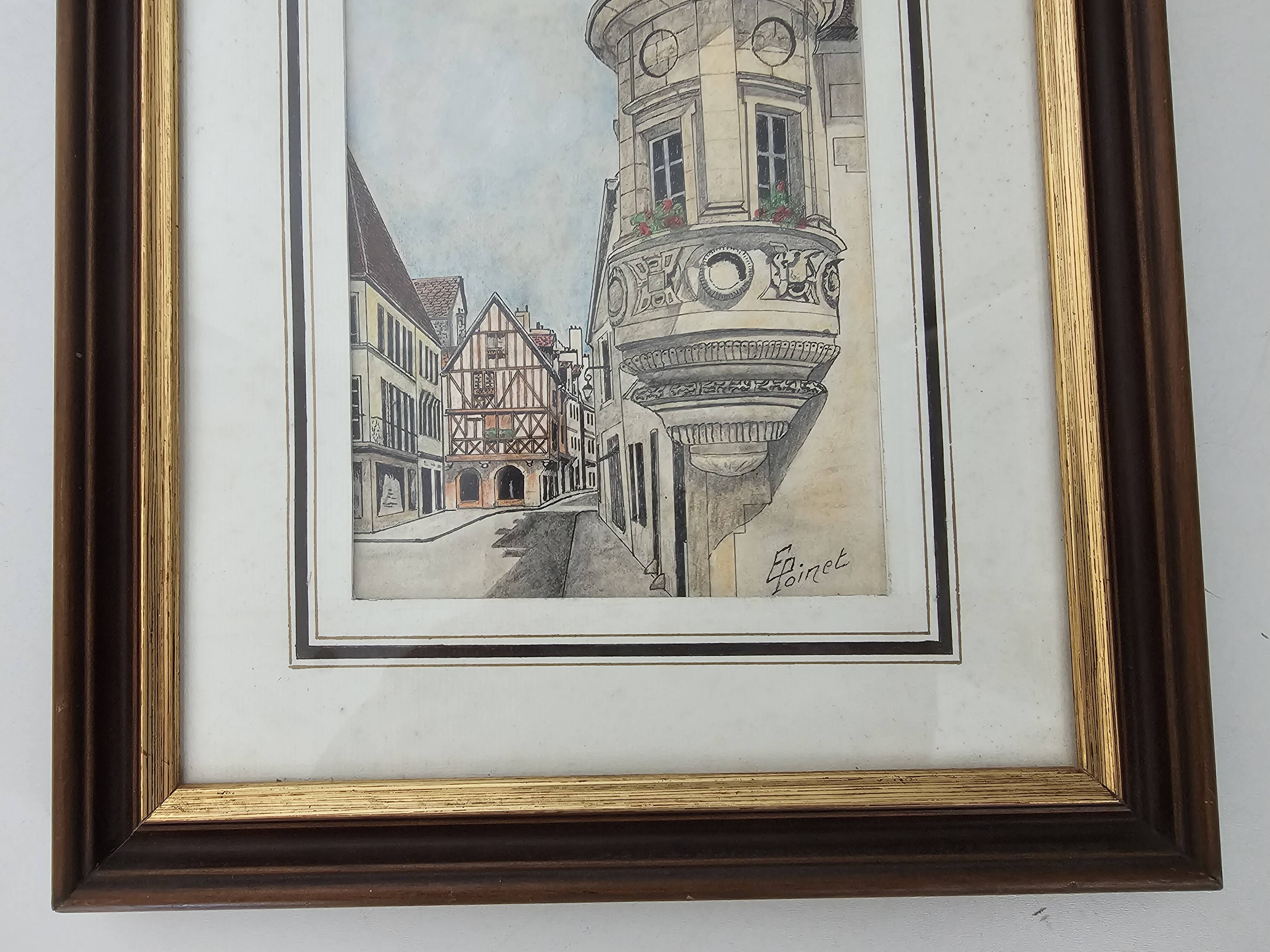 Tableau Encre de chine & pastel - Dijon Place des ducs - E Poinet