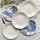 5 vintage Gien earthenware plates from France, mismatched, vintage blue pattern