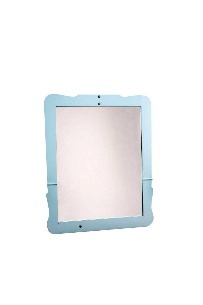 Large antique mirror with a solid wood frame painted turquoise and with red accents, mirror effect glass.