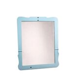 Large antique mirror with a solid wood frame painted turquoise and with red accents, mirror effect glass.