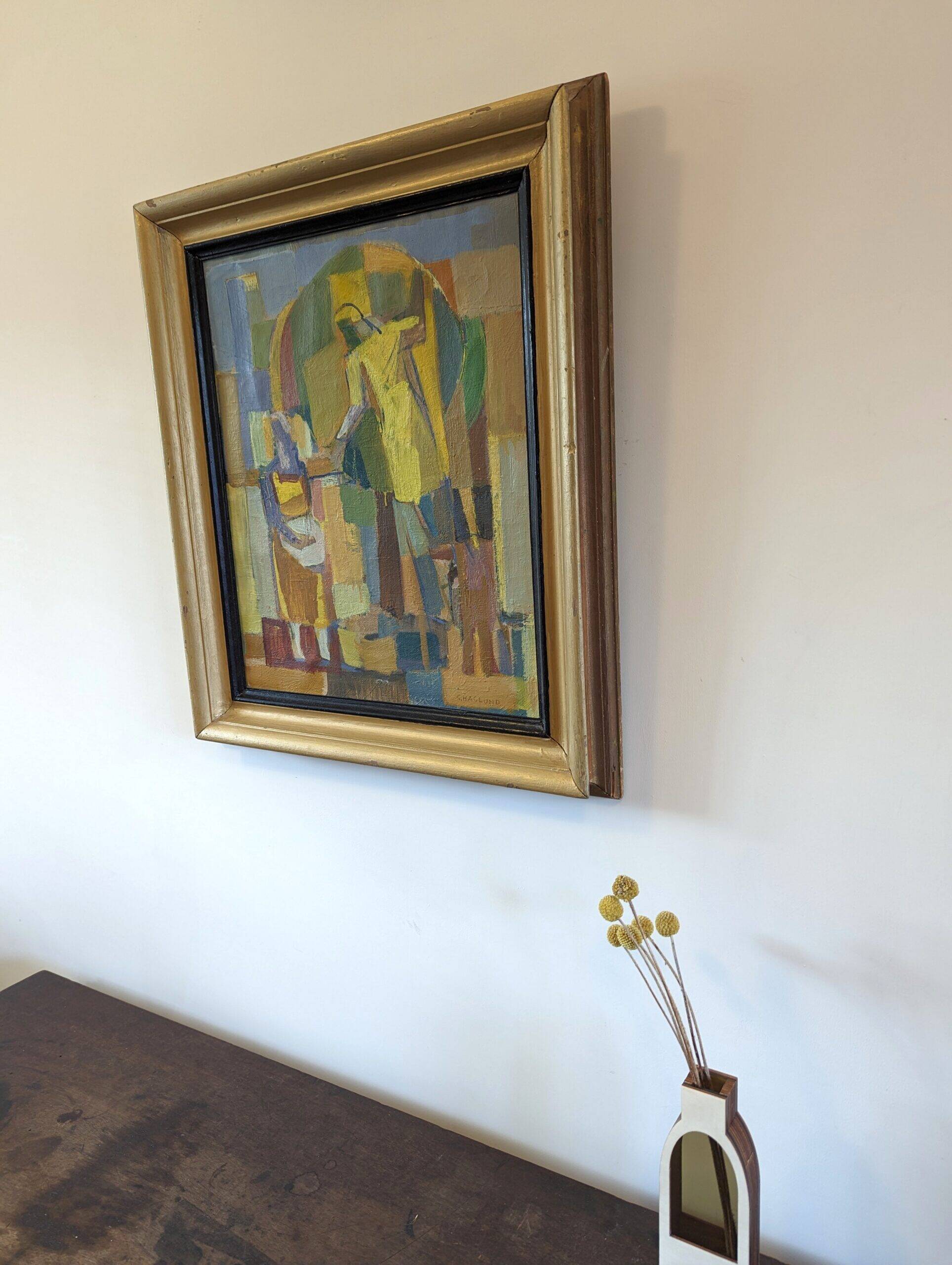 Mid-Century Modern Swedish "The Fruit Tree Pickers" Vintage Oil Painting, Framed