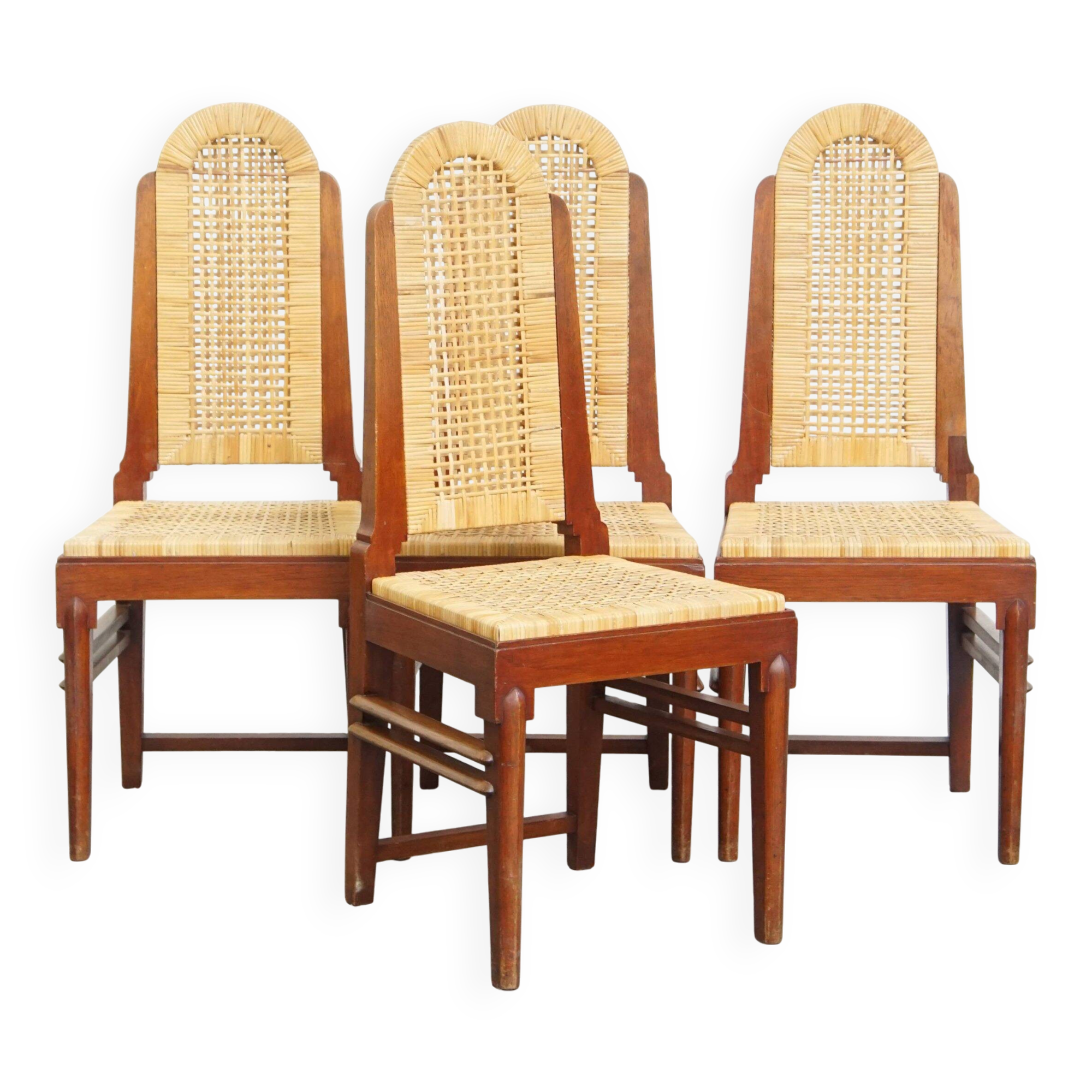 Set of four rattan Art Deco design dining chairs with high back