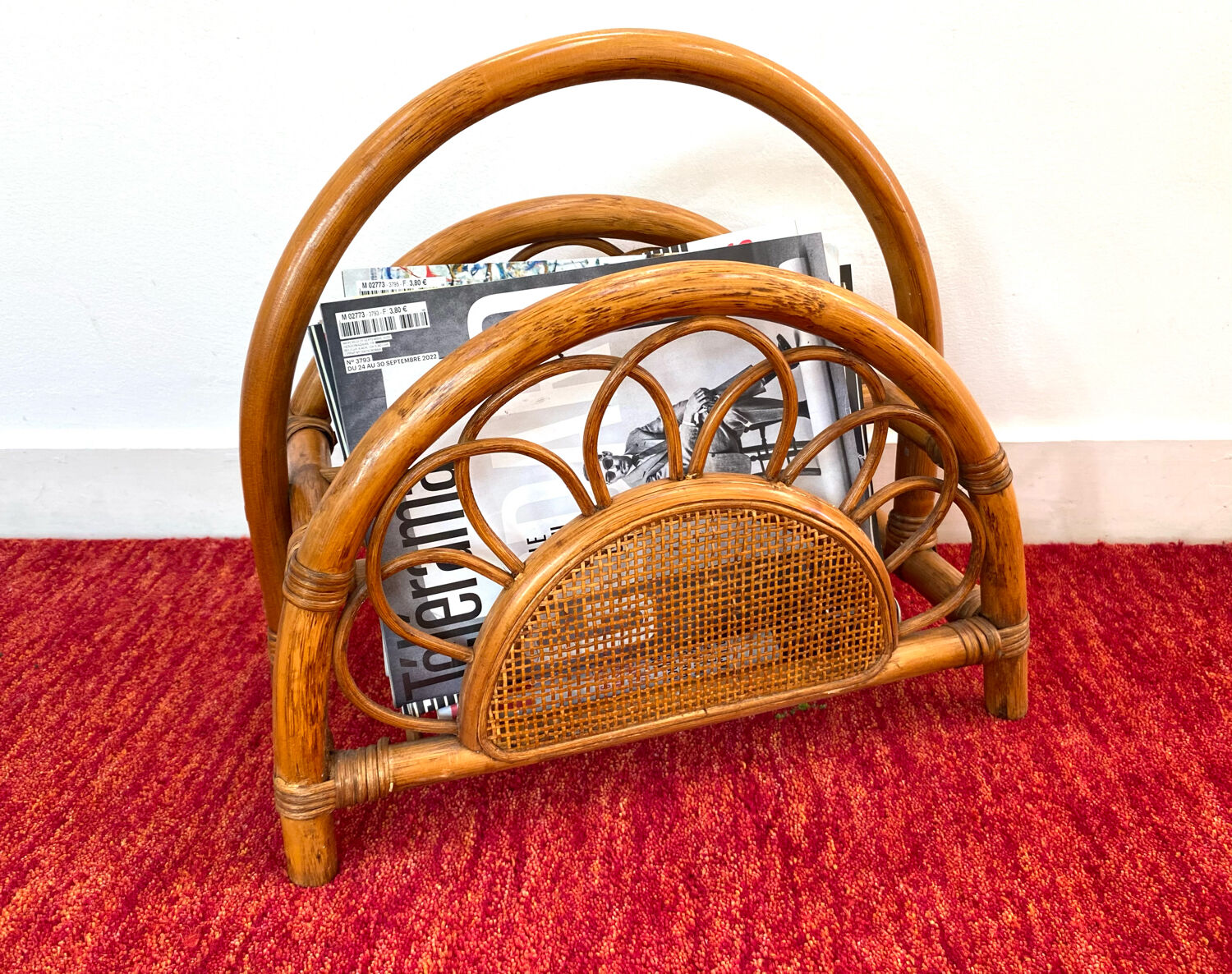 Rattan and bamboo magazine holder from the 70s