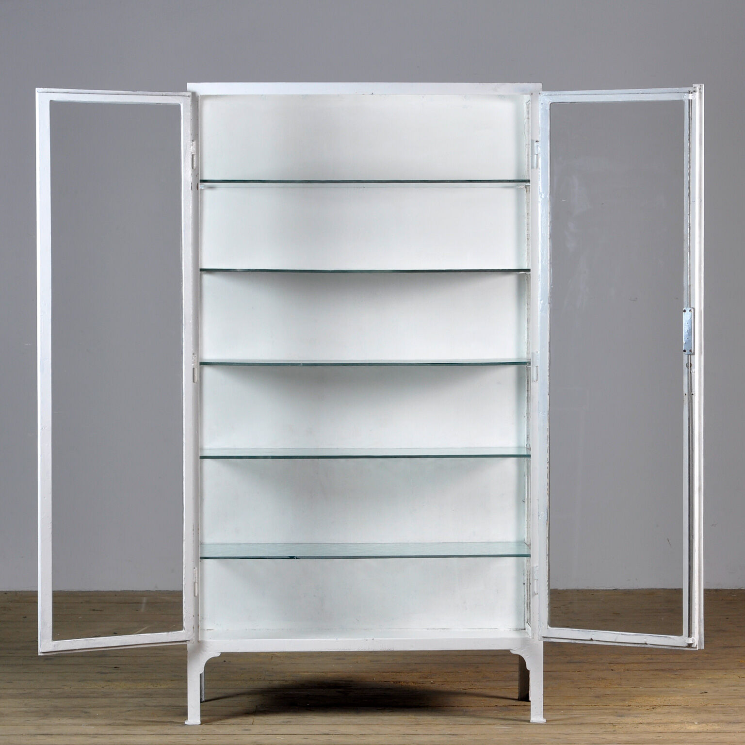 Vintage iron and glass medical cabinet, 1940s