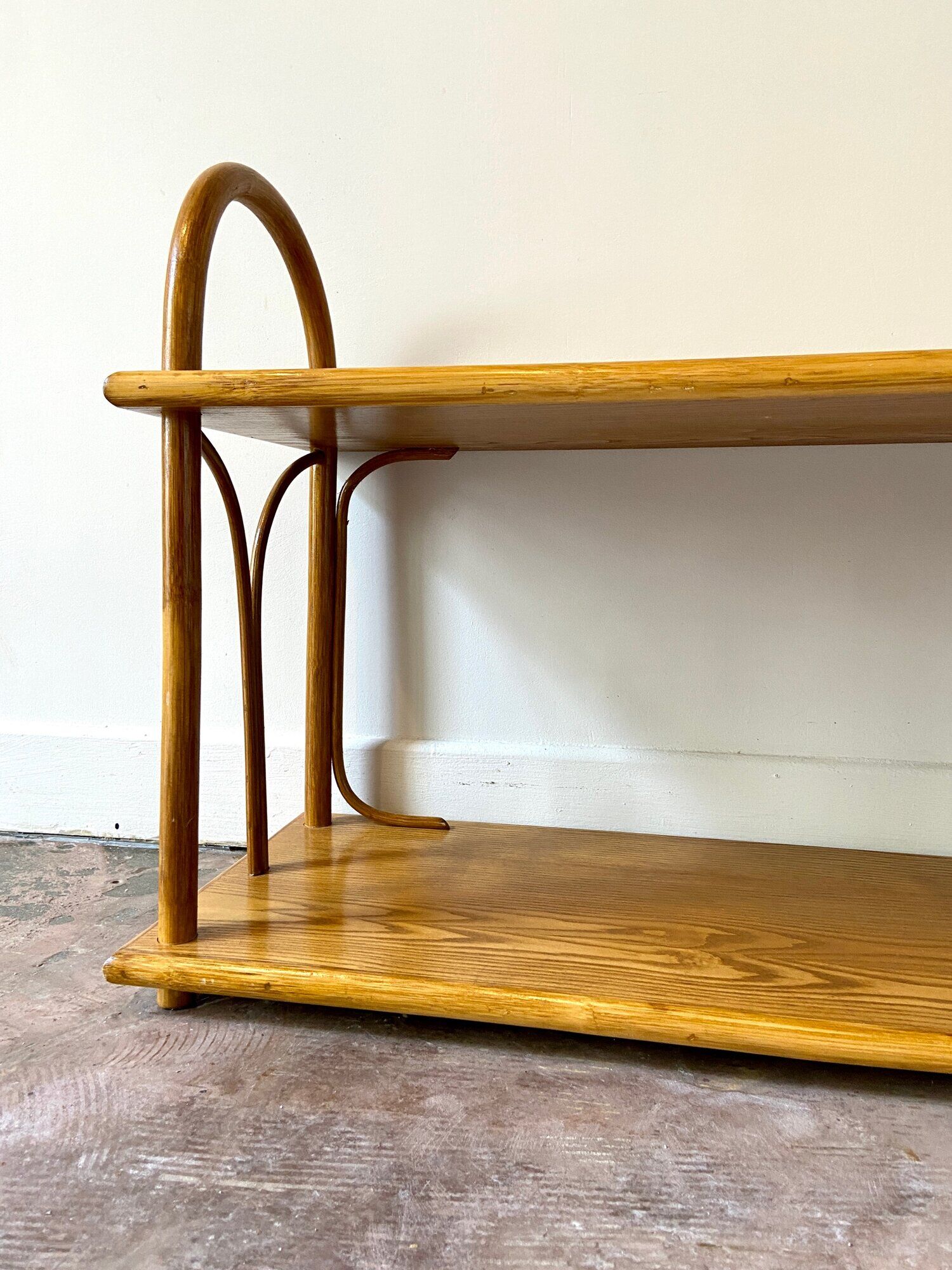 Wall shelf in light wood and rattan 1960s