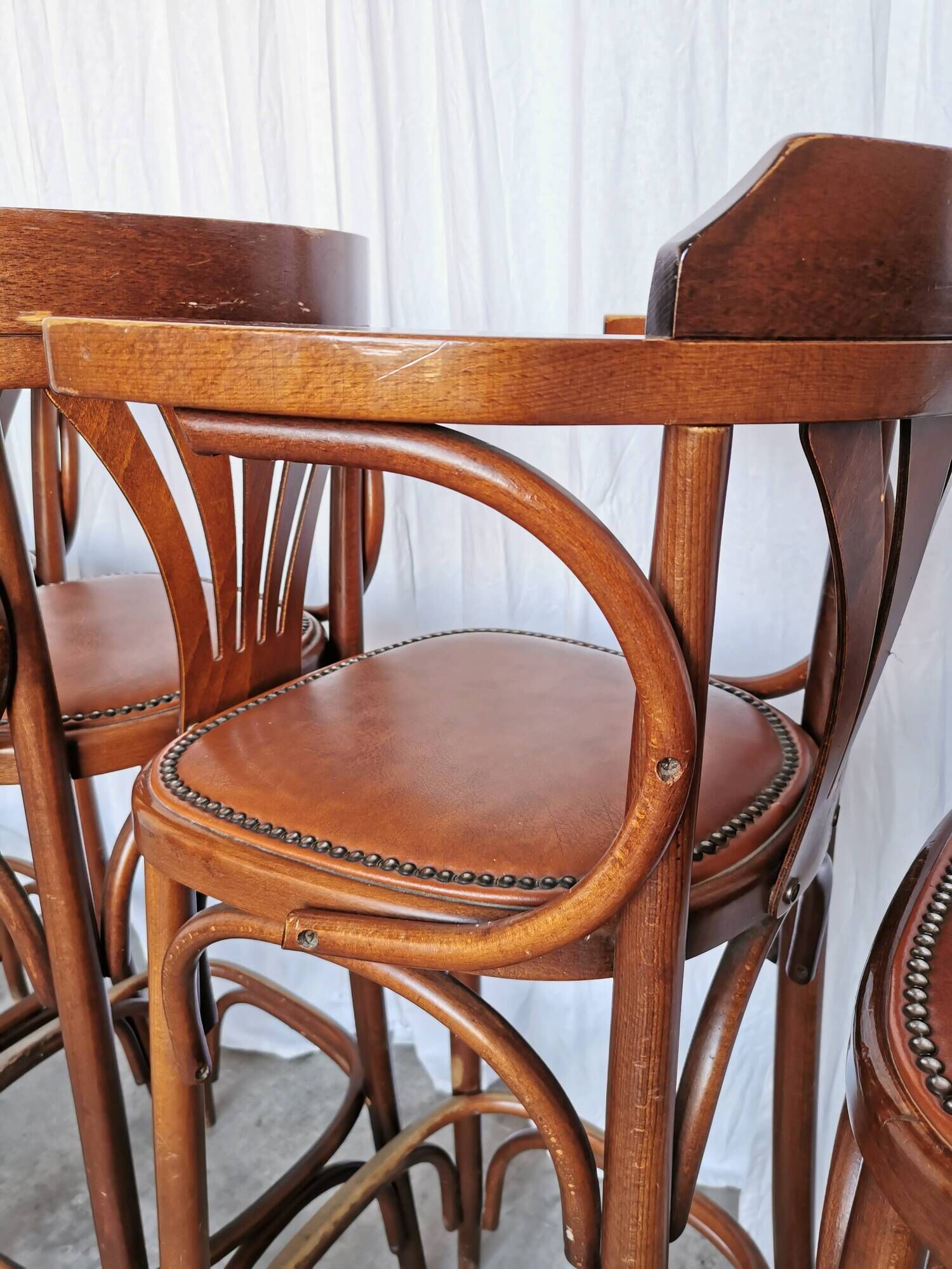 Set of 6 Vintage Bentwood Bar Stool Set: Brown Leather Seat, Nailhead Trim