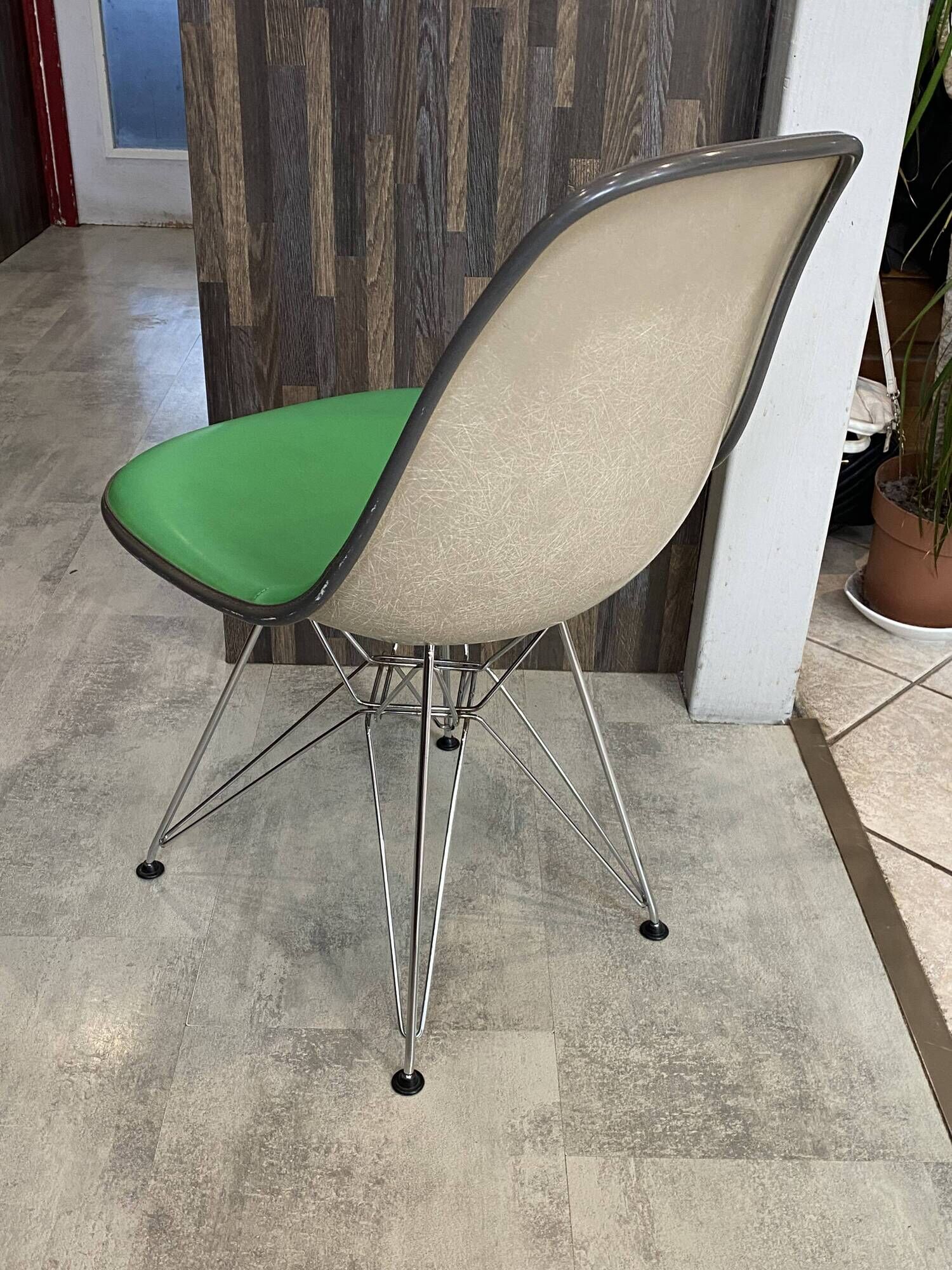 Eames Herman Miller DSR Eiffel chair in green greige fibreglass and vinyl.