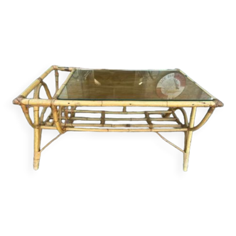 Vintage rattan coffee table with magazine holder circa 1960