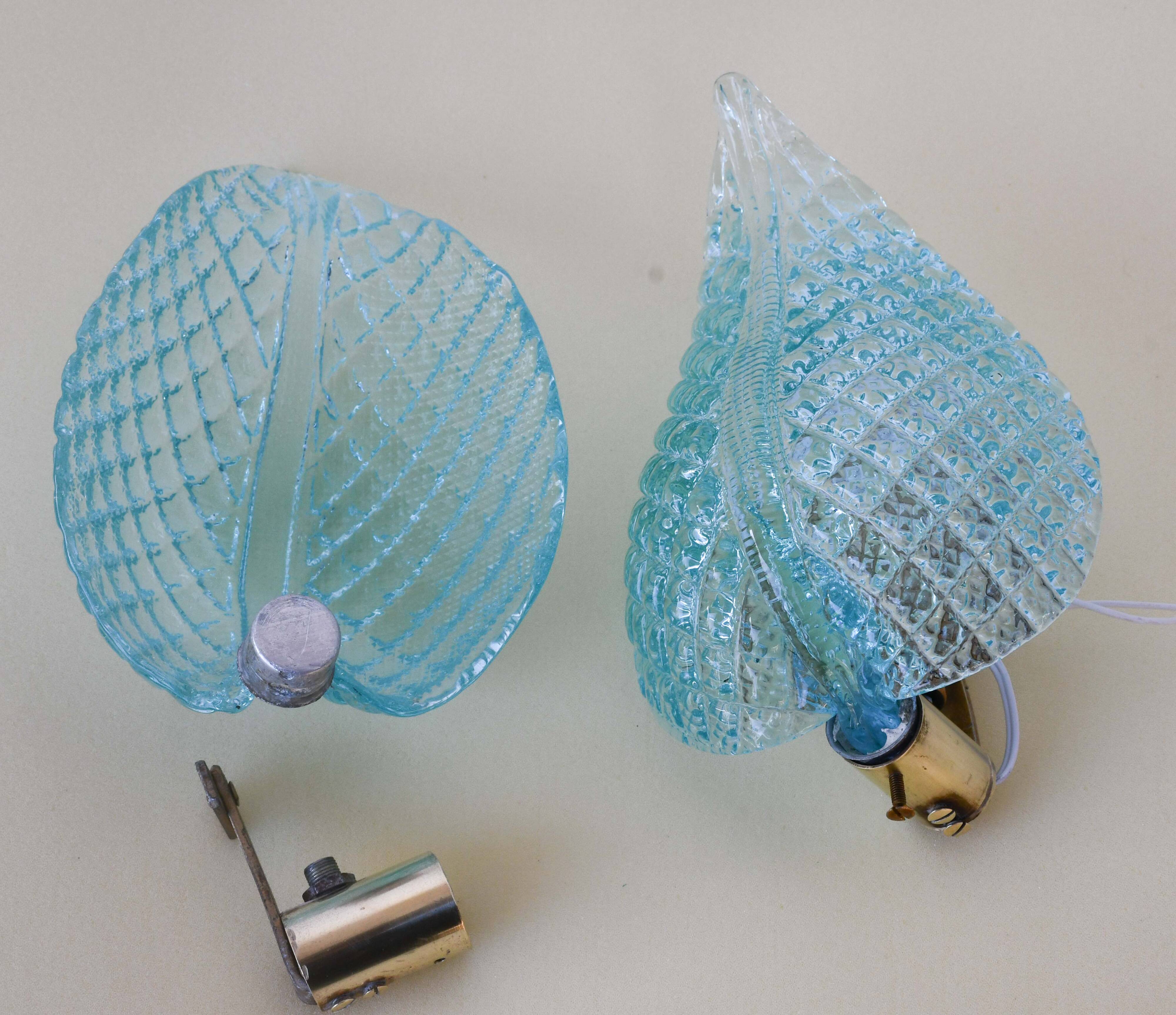 Set of 2 Rare Wall light Blue Jewel Murano Glass Leave by Barovier e Toso, 1950s