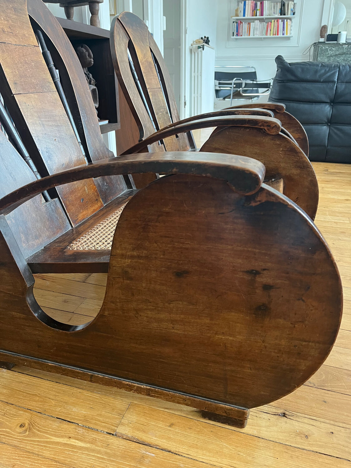 Pair of Art Deco armchairs in wood and cane.