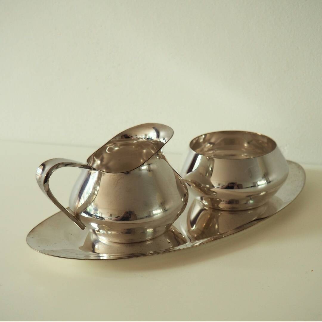 1960s Bauhaus Wagenfeld Silver Plate Sugar Cream Serving Set