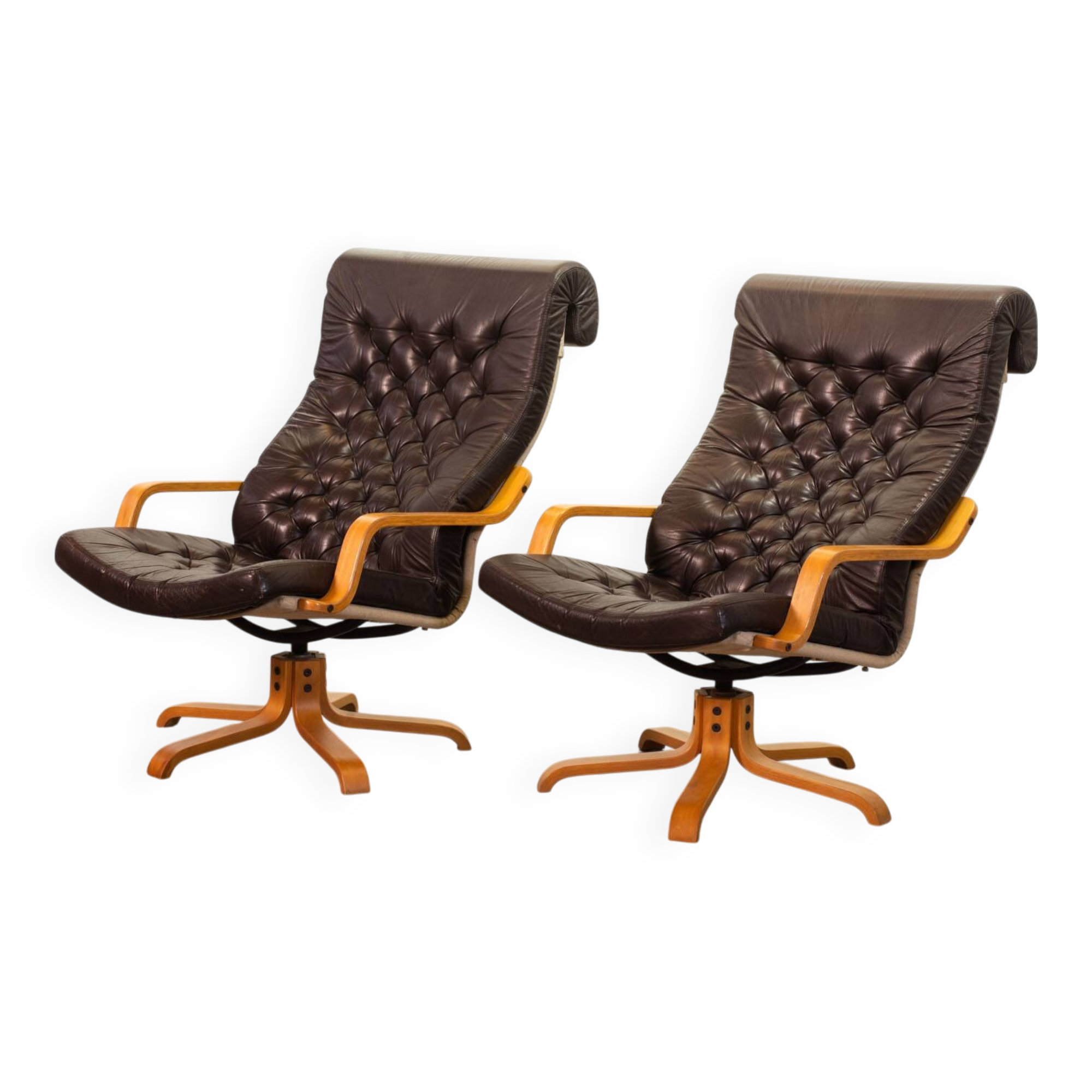 Noboru Nakamura Design Chocolate Brown Padded Leatherette Swivel Chairs 70s