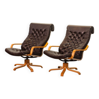 Noboru Nakamura Design Chocolate Brown Padded Leatherette Swivel Chairs 70s