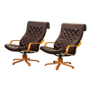 Noboru Nakamura Design Chocolate Brown Padded Leatherette Swivel Chairs 70s