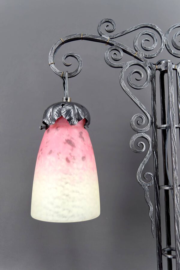 Importante Lampe Bicéphale en Fer Forgé par Schneider, Art Déco, c. 1920