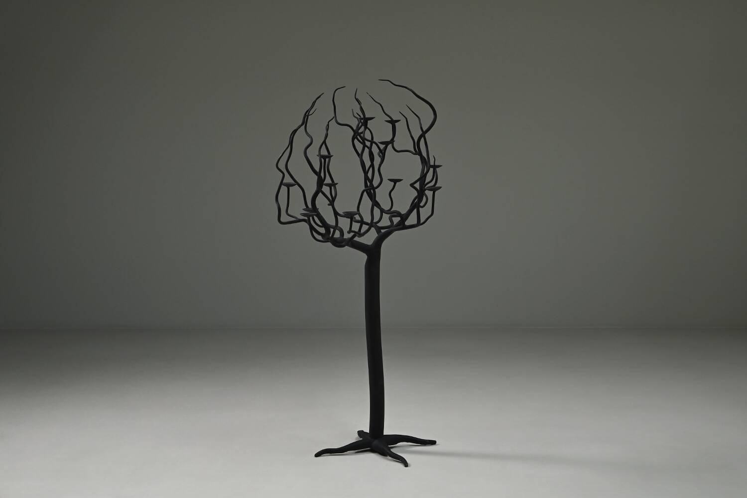 Black brutalist tree floor candle holder “tree of life”, 1970s.