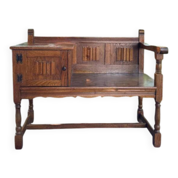 Vintage Telephone Bench / Gossip Bench in Oak with Storage Unit, c. 1940-1950