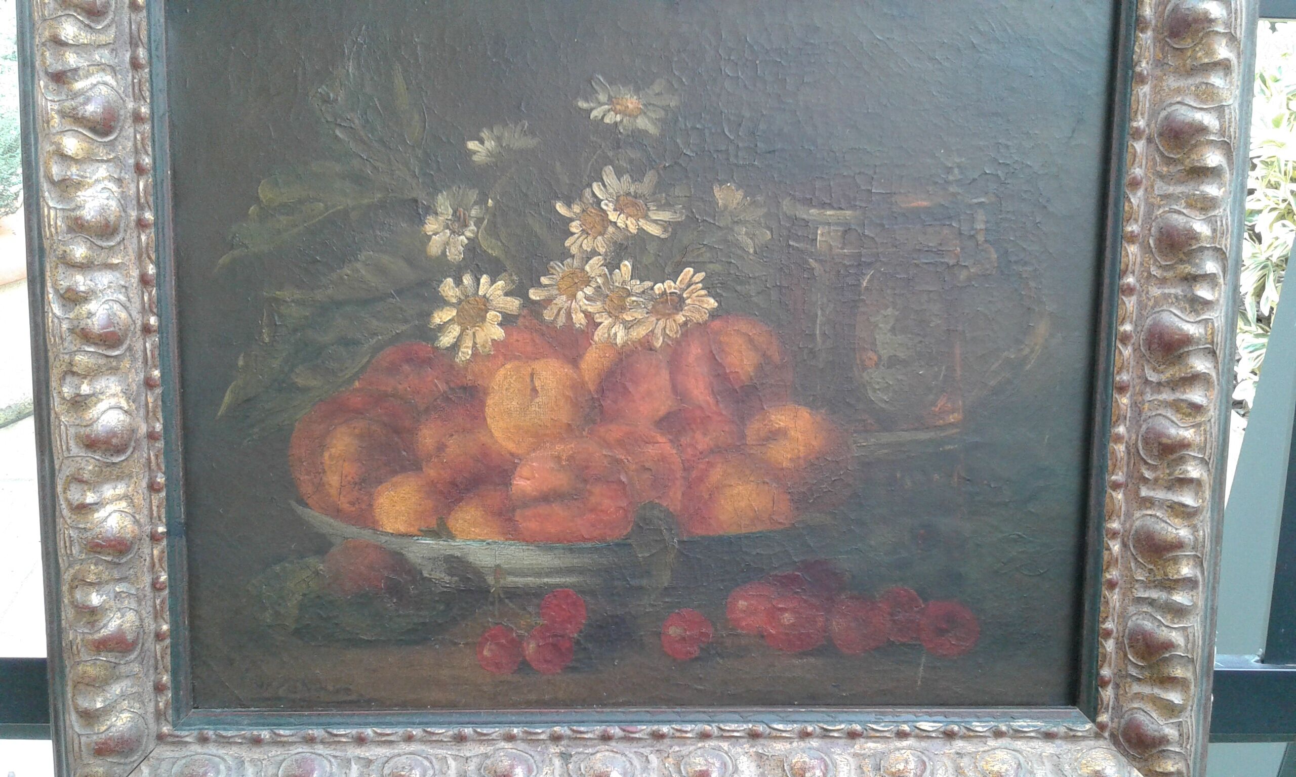 Table Oil on canvas. Old. Still life with apricots and peaches. 19 th