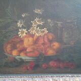 Tableau huile sur toile ancien nature morte aux abricots et pêches  . 19 ème