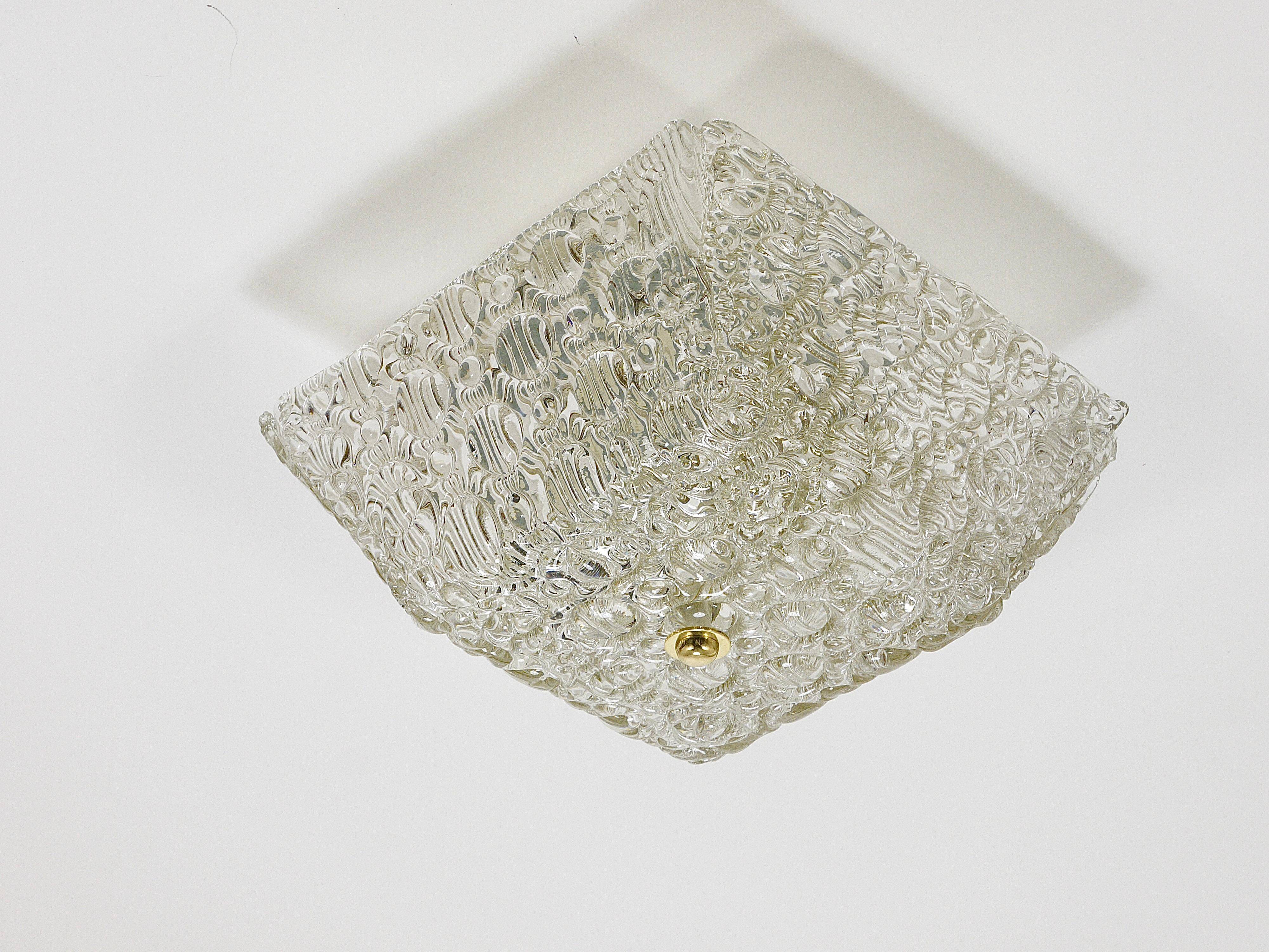 J.T. Kalmar Square Applique Ceiling Light in Brass and Textured Glass, 1950s