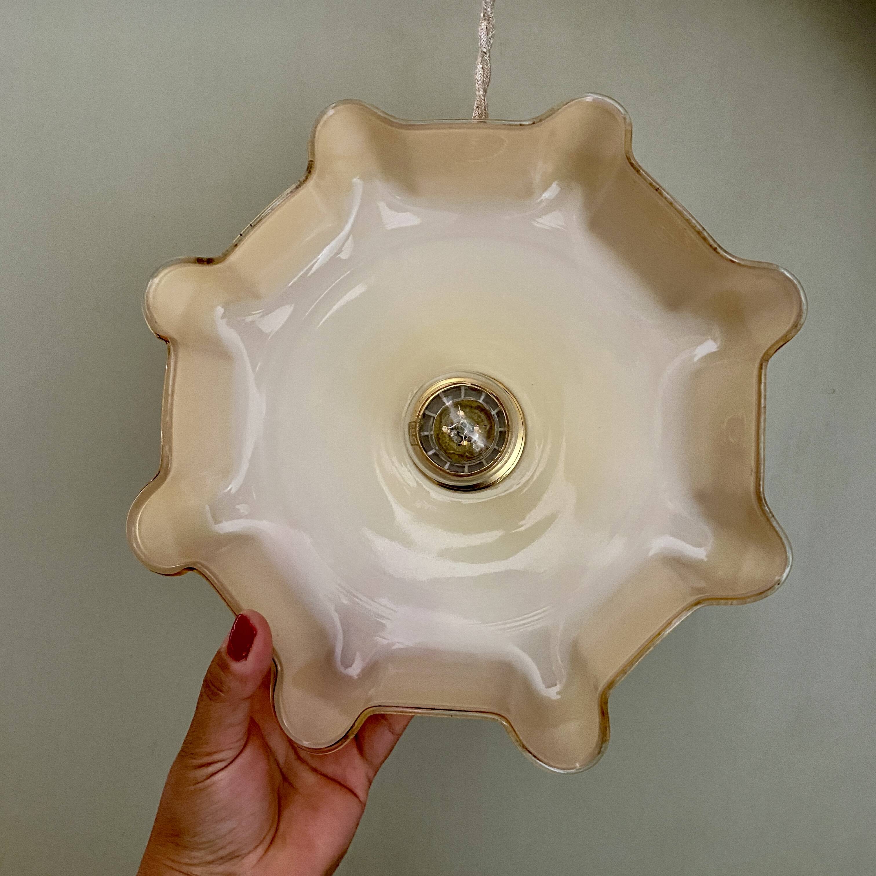 Pendant lamp with old yellow opaline lampshade