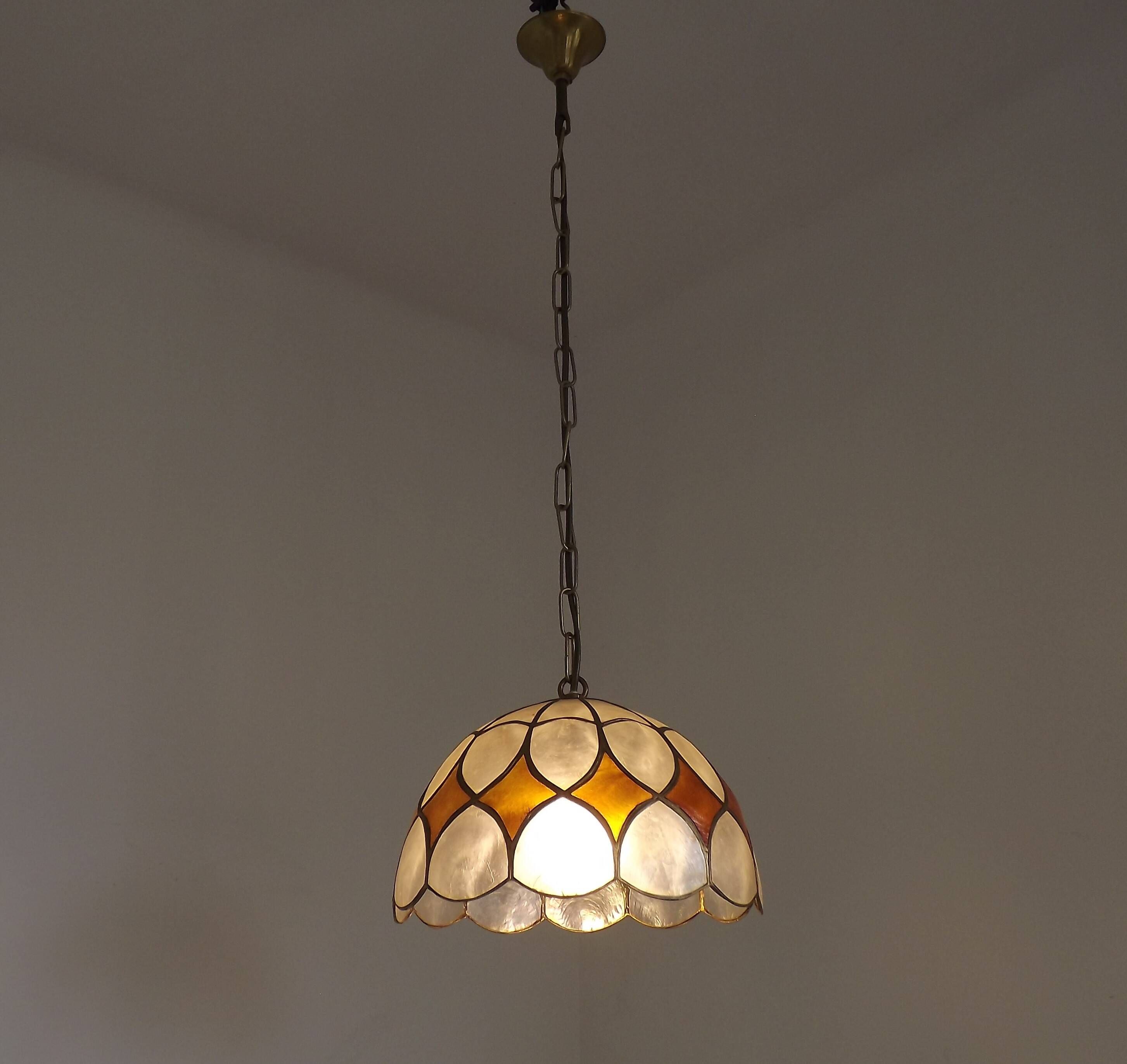 French Vintage Capiz Shell Hanging Pendant Light in Brown & White Gold Trim