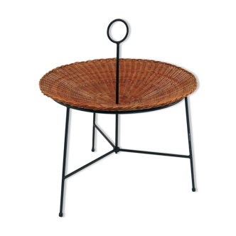Wicker and black lacquered brass magazine rack 1960