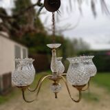 Ceiling chandelier with 5 tulip branches, diamond tip, brass style, 1950s