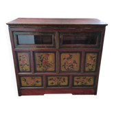 Meuble/ Buffet tibétain ancien en bois massif-Décor floral polychrome
