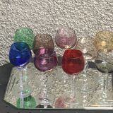 Set of 9 colored port glasses, 5 tulip-shaped and 4 balloons