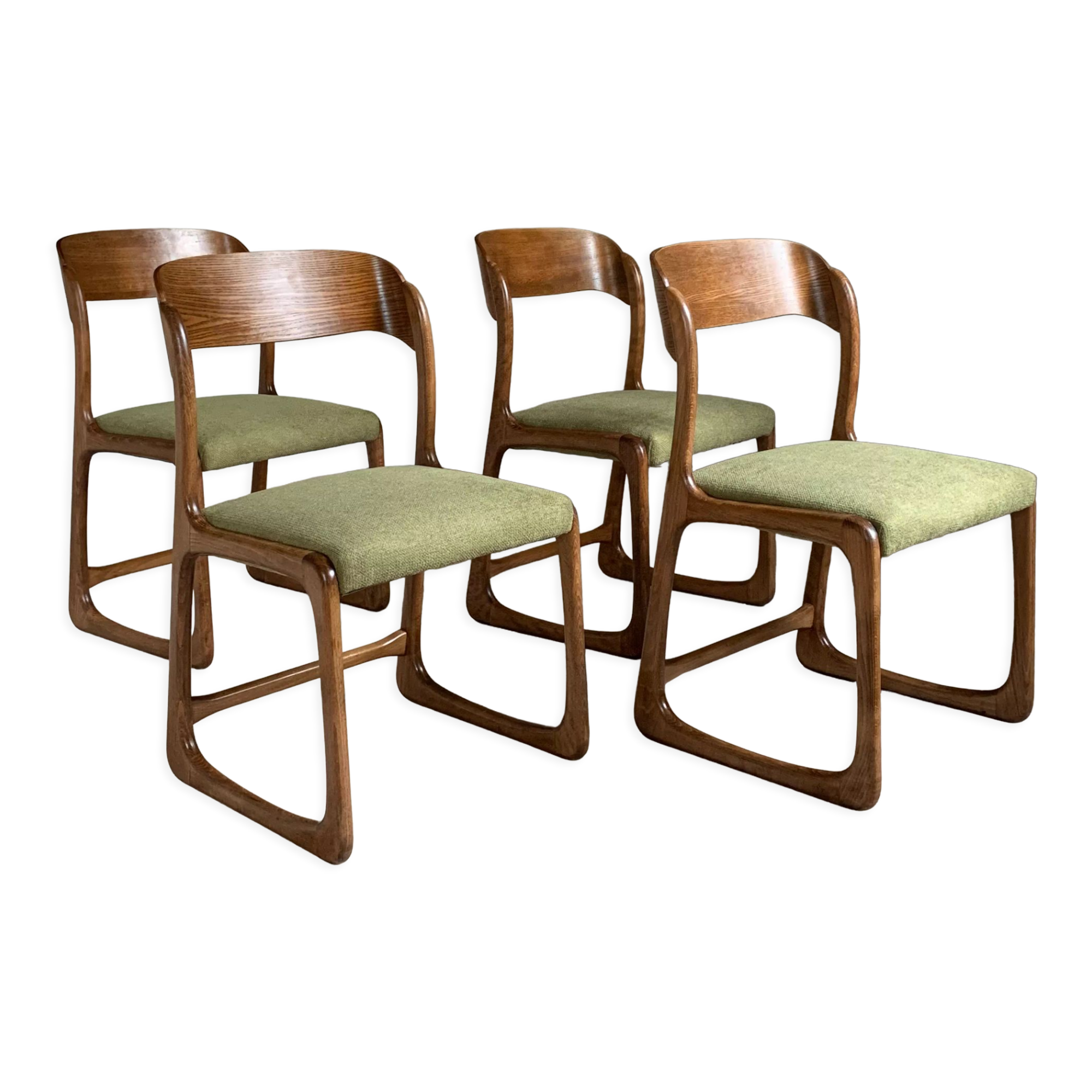 Baumann vintage sled chairs in ash and linden green velvet fabric - set of 4