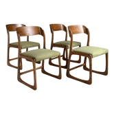 Chaises Baumann traineau vintage en frêne et tissu velours vert tilleul -  lot de 4