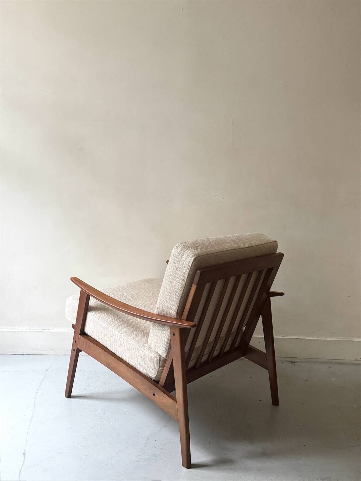 Scandinavian armchair in wood, Pierre Frey fabric, refurbished, Denmark 1950.