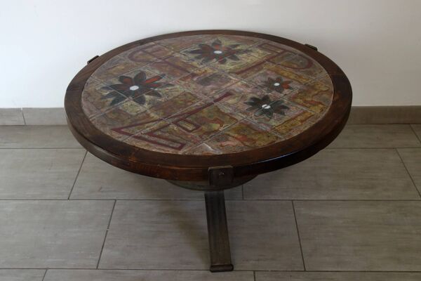Table basse métal et céramique Vallauris, années 60